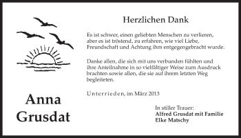 Traueranzeige von Anna Grusdat von N-Land